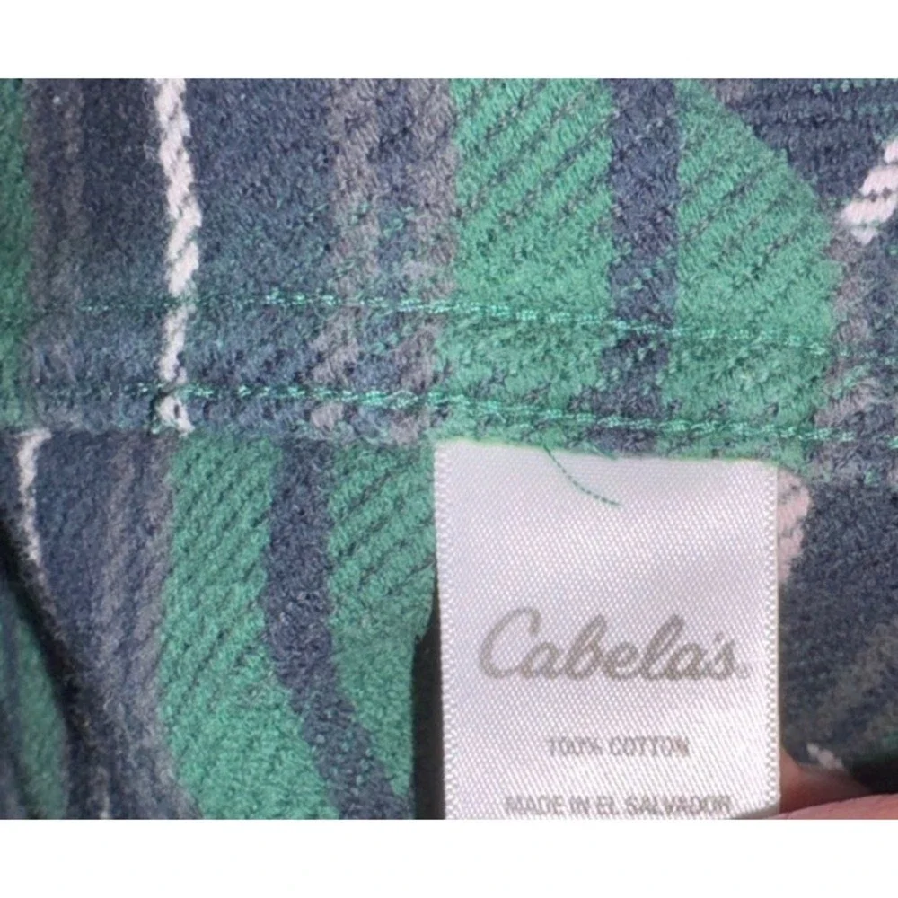 Cabelas Fleece Heavy Plaid Button Down Shirt Men Sz Large Green Black Pen Holder